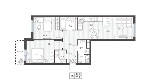 Квартира 68,9 м², 3-комнатная - изображение 1