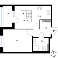 Квартира 34,1 м², 1-комнатная - изображение 2