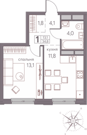 Квартира 34,8 м², 1-комнатная - изображение 1
