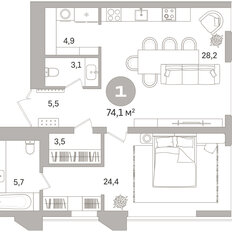 Квартира 74,1 м², 1-комнатная - изображение 3
