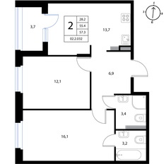 Квартира 57,3 м², 2-комнатная - изображение 2