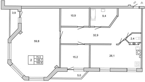 Квартира 165,6 м², 2-комнатная - изображение 1