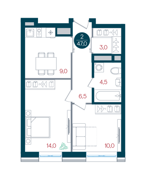 47 м², 2-комнатная квартира 14 520 599 ₽ - изображение 1