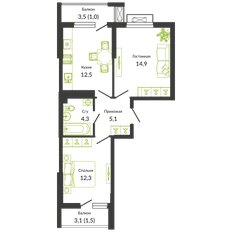 Квартира 51,6 м², 2-комнатная - изображение 1