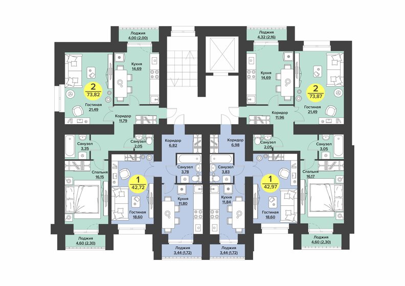 74 м², 2-комнатная квартира 9 250 000 ₽ - изображение 43