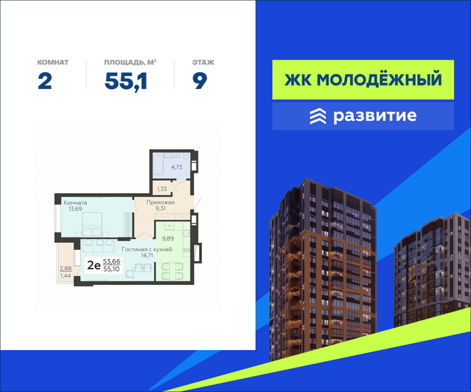 55,1 м², 2-комнатная квартира 5 757 950 ₽ - изображение 1