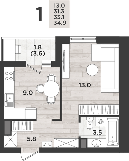 32 м², 1-комнатная квартира 4 374 400 ₽ - изображение 30