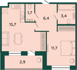 Квартира 41,7 м², 1-комнатная - изображение 1