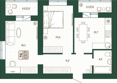 Квартира 54,6 м², 2-комнатная - изображение 1