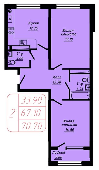 70,7 м², 2-комнатная квартира 12 478 550 ₽ - изображение 1