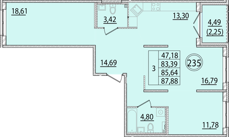 Квартира 83,4 м², 3-комнатная - изображение 1