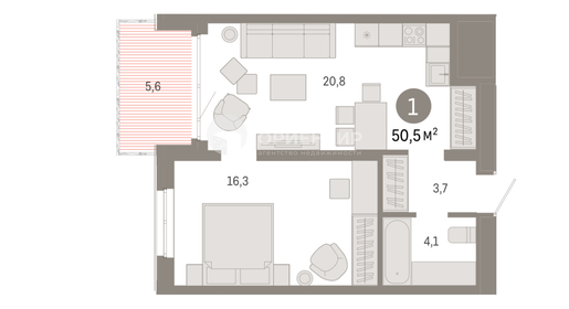 Квартира 51 м², 1-комнатная - изображение 1