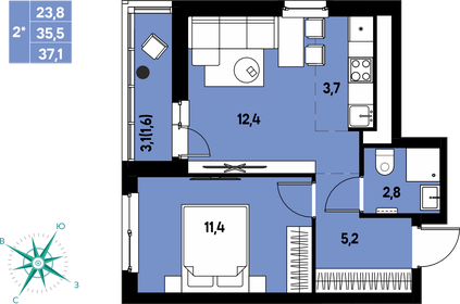 Квартира 37,1 м², 2-комнатная - изображение 1