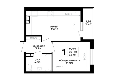 Квартира 36,9 м², 1-комнатная - изображение 1