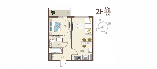 Квартира 34,7 м², 1-комнатная - изображение 1