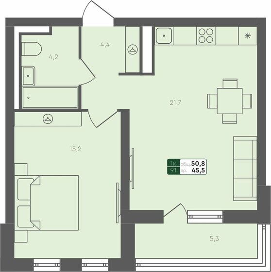 50,8 м², 1-комнатная квартира 7 400 000 ₽ - изображение 1