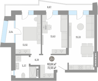 Квартира 71,6 м², 2-комнатная - изображение 1