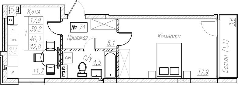 Квартира 40,3 м², 1-комнатная - изображение 1