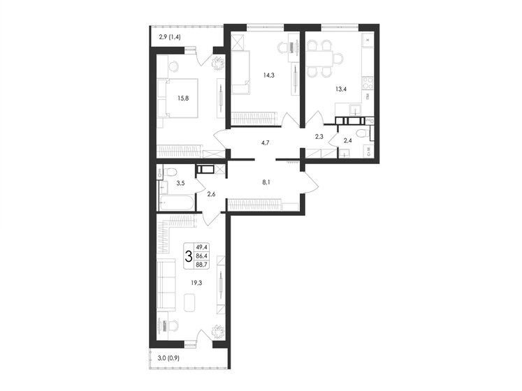 89,4 м², 3-комнатная квартира 8 900 000 ₽ - изображение 55
