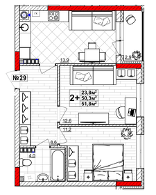 Квартира 51,8 м², 2-комнатная - изображение 1