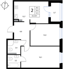 Квартира 57,3 м², 2-комнатная - изображение 2