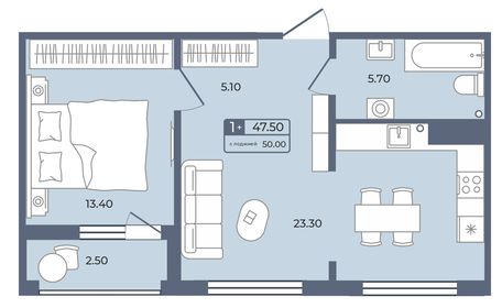 Квартира 47,5 м², 1-комнатная - изображение 1