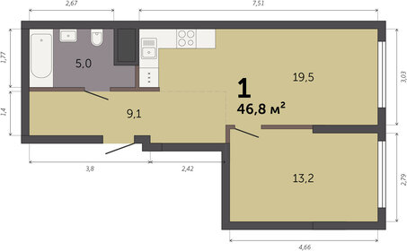 Квартира 46,8 м², 1-комнатная - изображение 1