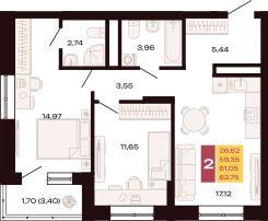 Квартира 62,8 м², 2-комнатная - изображение 1