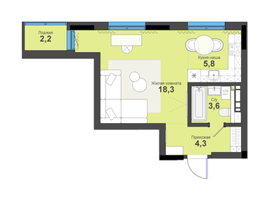 Квартира 34,2 м², студия - изображение 1