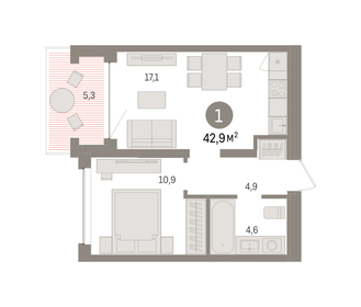 Квартира 42,9 м², 1-комнатная - изображение 1