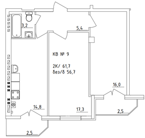 Квартира 61,7 м², 2-комнатная - изображение 1