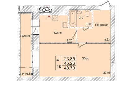 Квартира 48,7 м², 1-комнатная - изображение 1