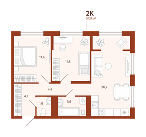 Квартира 57,9 м², 2-комнатная - изображение 1