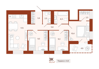 Квартира 65,2 м², 3-комнатная - изображение 1