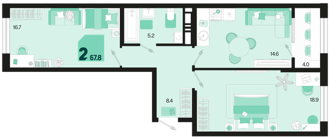 Квартира 67,8 м², 2-комнатная - изображение 1
