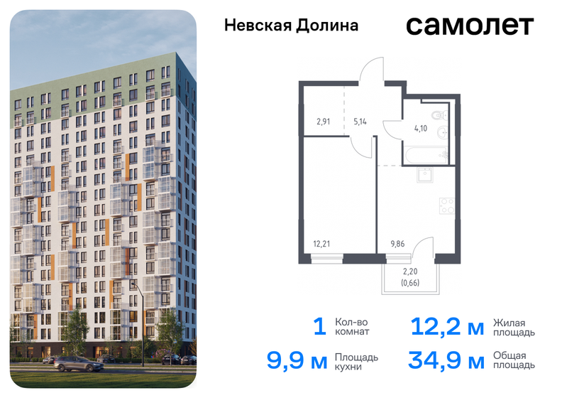 34,9 м², 1-комнатная квартира 4 854 353 ₽ - изображение 1