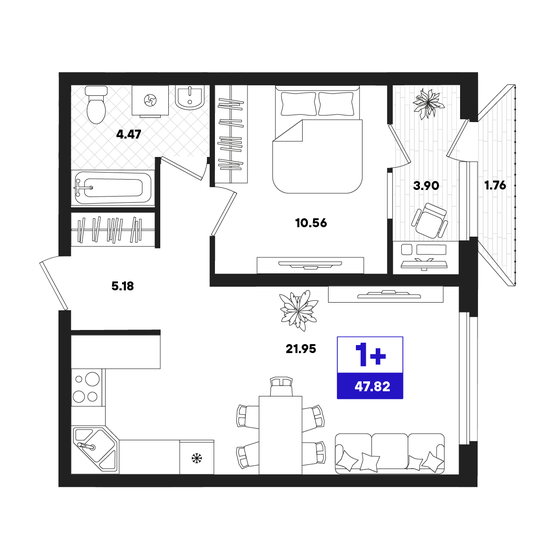 48,5 м², 1-комнатная квартира 6 885 580 ₽ - изображение 24