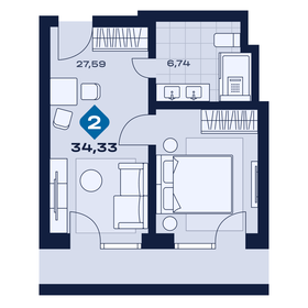 Квартира 34,3 м², 2-комнатные - изображение 1
