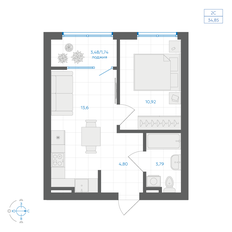 Квартира 34,9 м², 1-комнатная - изображение 2