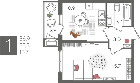 Квартира 36,9 м², 1-комнатная - изображение 1