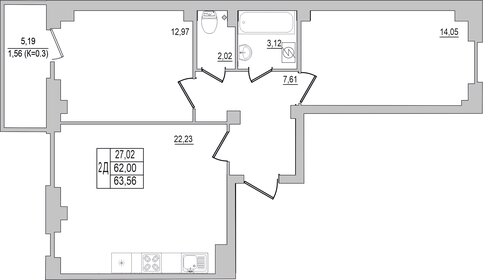 Квартира 63,6 м², 2-комнатная - изображение 1