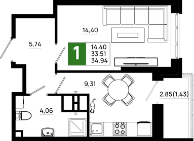 Квартира 34,9 м², 1-комнатная - изображение 1