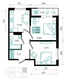 Квартира 50,9 м², 2-комнатная - изображение 1