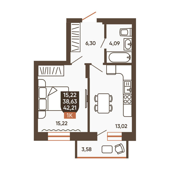 42,2 м², 1-комнатная квартира 5 490 000 ₽ - изображение 1