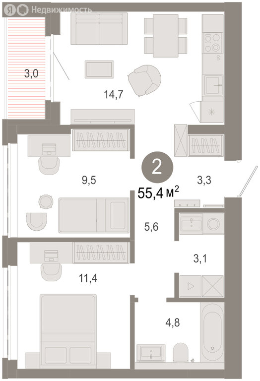 3-комн. квартира, 55.42 м² 2