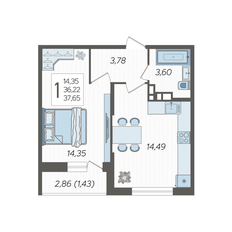 Квартира 37,7 м², 1-комнатная - изображение 3