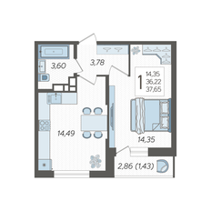 Квартира 37,7 м², 1-комнатная - изображение 3