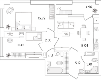 Квартира 61,5 м², 2-комнатная - изображение 1