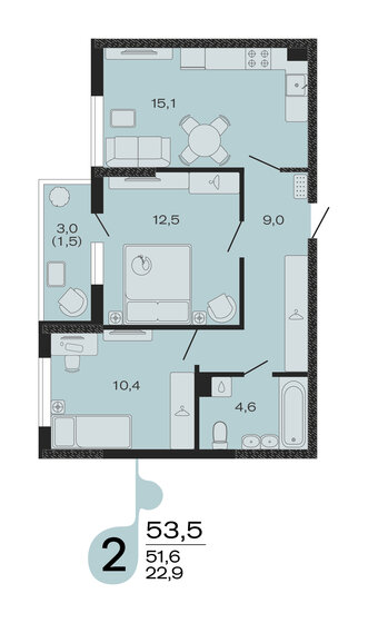 53,5 м², 2-комнатная квартира 7 757 500 ₽ - изображение 44