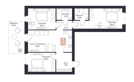 Квартира 89,3 м², 3-комнатная - изображение 1